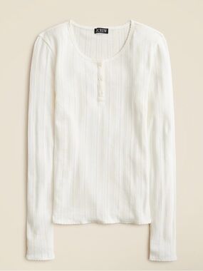 Cottagecore Cream Ribbed Dainty Pointelle Henley Long-Sleeve Top